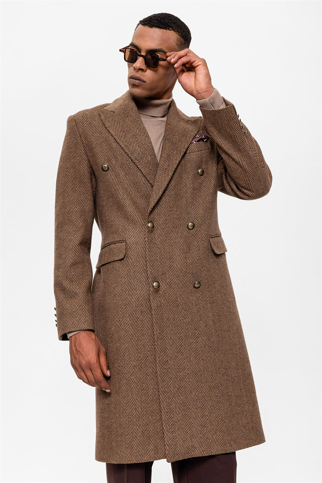 ANT Herringbone Patterned Double Breasted Men's Coat - North Ridgeville