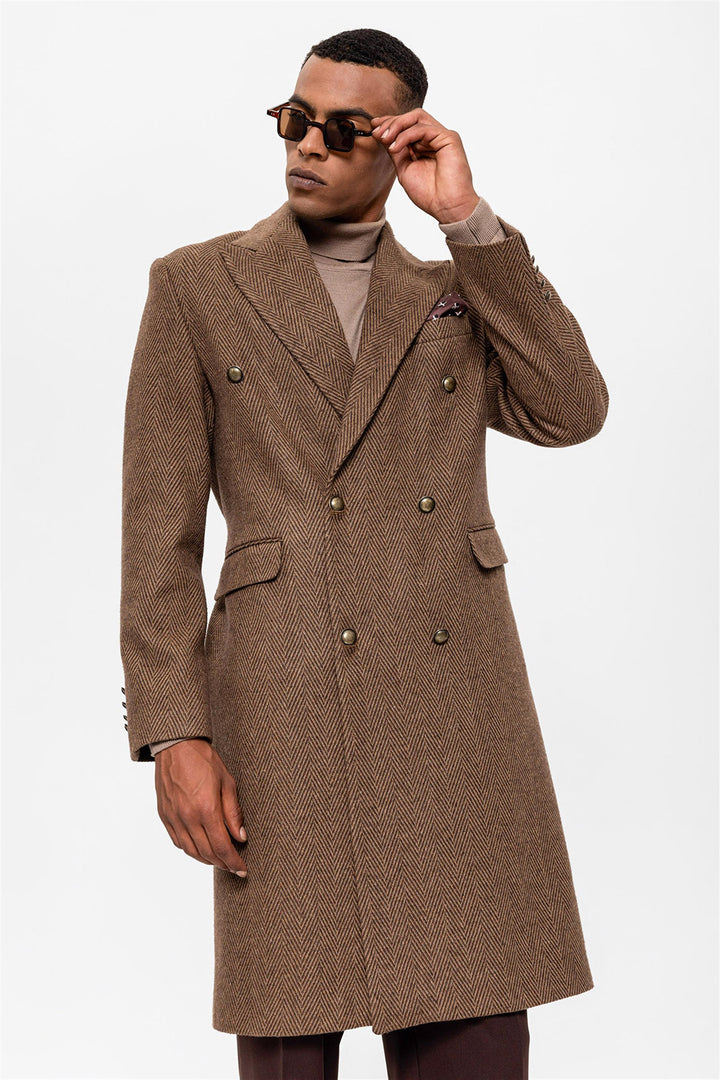 ANT Herringbone Patterned Double Breasted Men's Coat - North Ridgeville