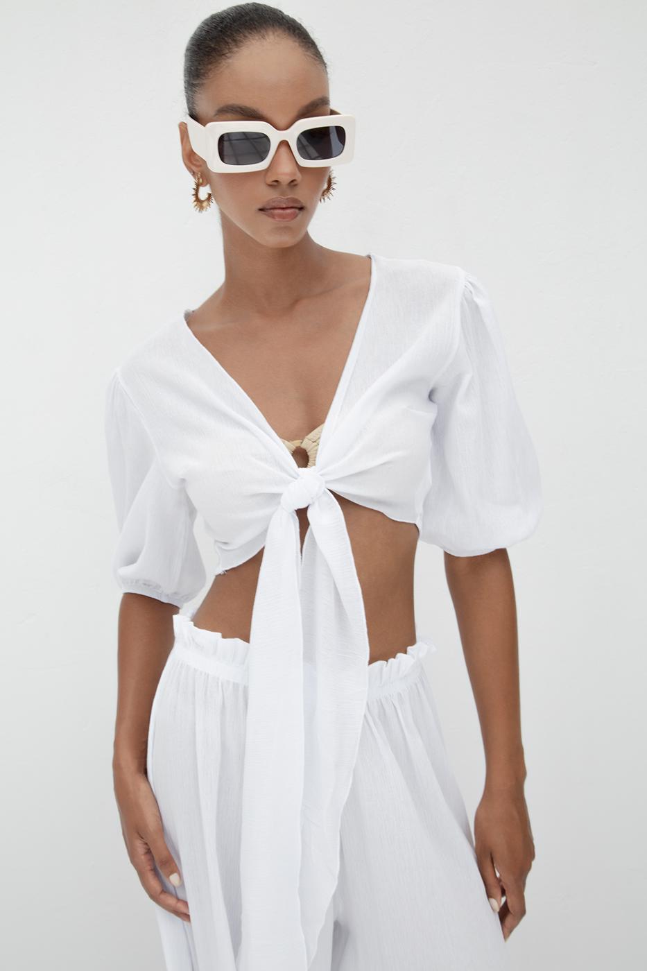 BSL Women Balloon Sleeve Tie Crop Blouse - Oberhausen