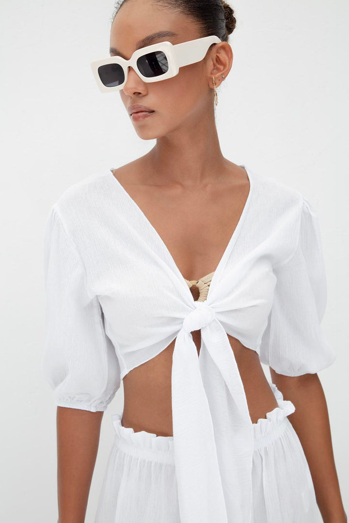 BSL Women Balloon Sleeve Tie Crop Blouse - Oberhausen