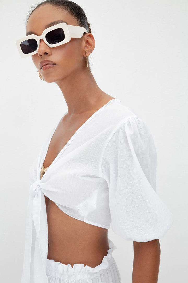 BSL Women Balloon Sleeve Tie Crop Blouse - Oberhausen