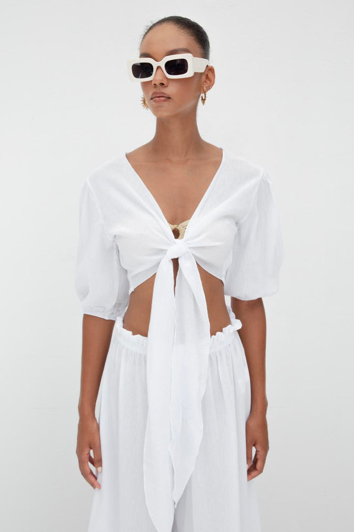 BSL Women Balloon Sleeve Tie Crop Blouse - Oberhausen