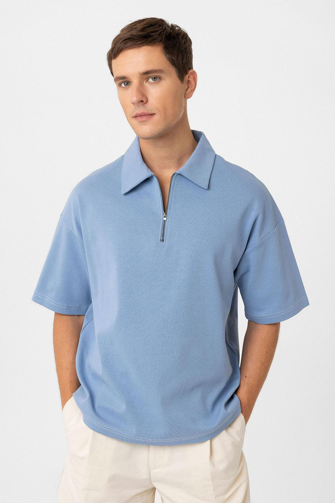 ANT Antioch Baby Blue Oversized Polo Neck Zippered Men's T-Shirt - Wauwatosa