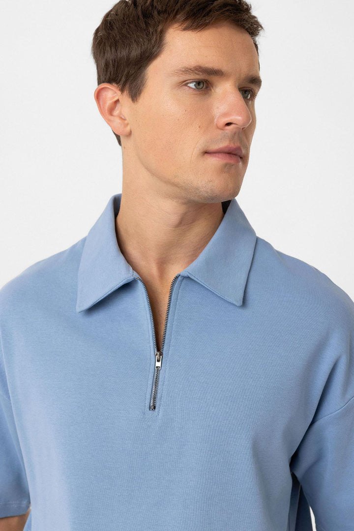 ANT Antioch Baby Blue Oversized Polo Neck Zippered Men's T-Shirt - Wauwatosa