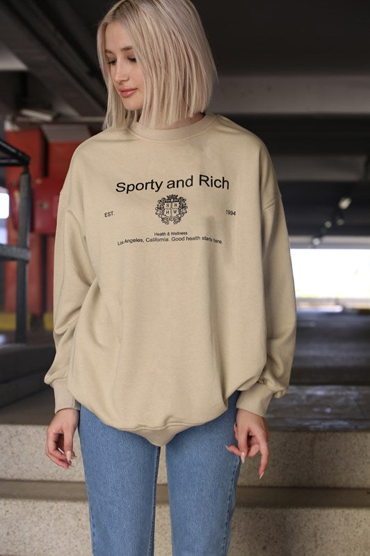 MDX Beige Bicycle Collar Printed Oversized Women's Sweatshirt MG1577 - Yecapixtla