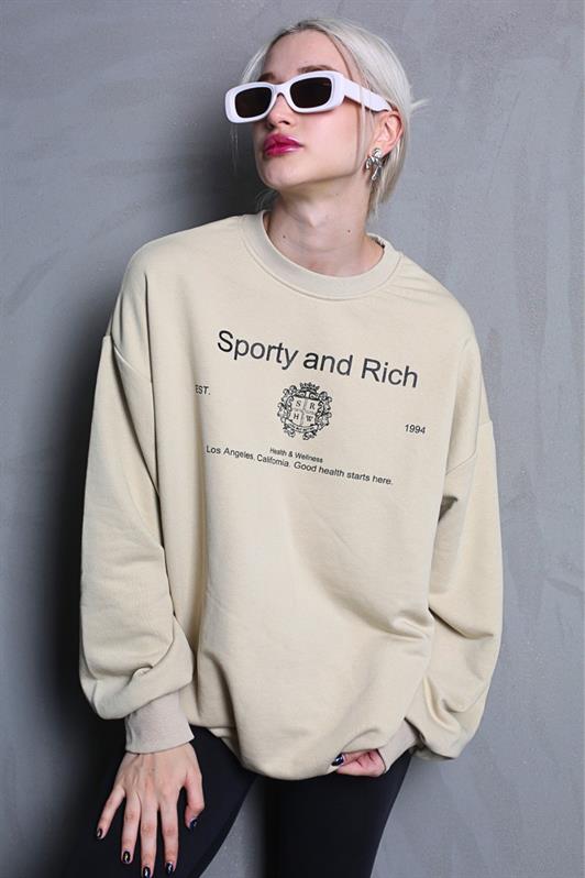 MDX Beige Bicycle Collar Printed Oversized Women's Sweatshirt MG1577 - Yecapixtla