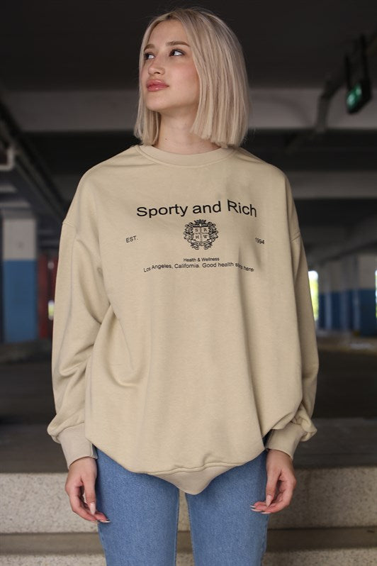 MDX Beige Bicycle Collar Printed Oversized Women's Sweatshirt MG1577 - Yecapixtla