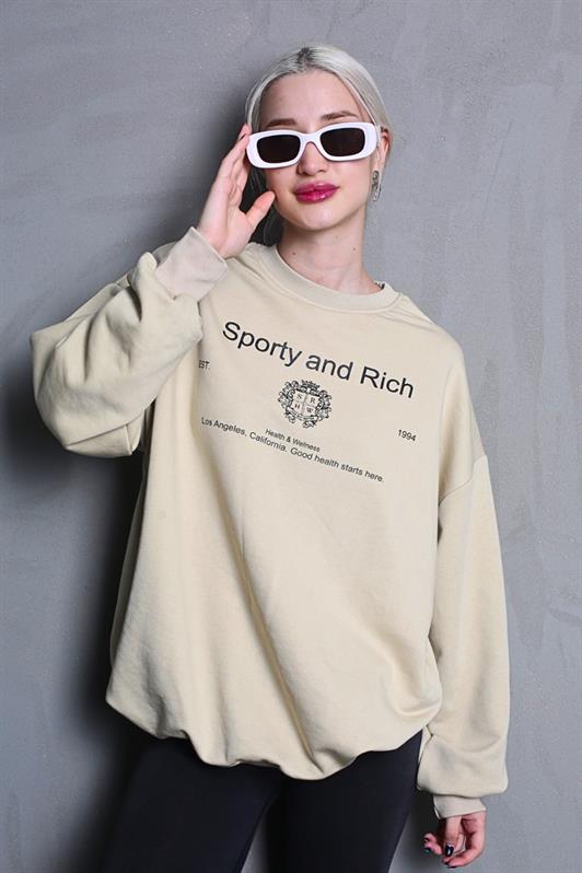 MDX Beige Bicycle Collar Printed Oversized Women's Sweatshirt MG1577 - Yecapixtla