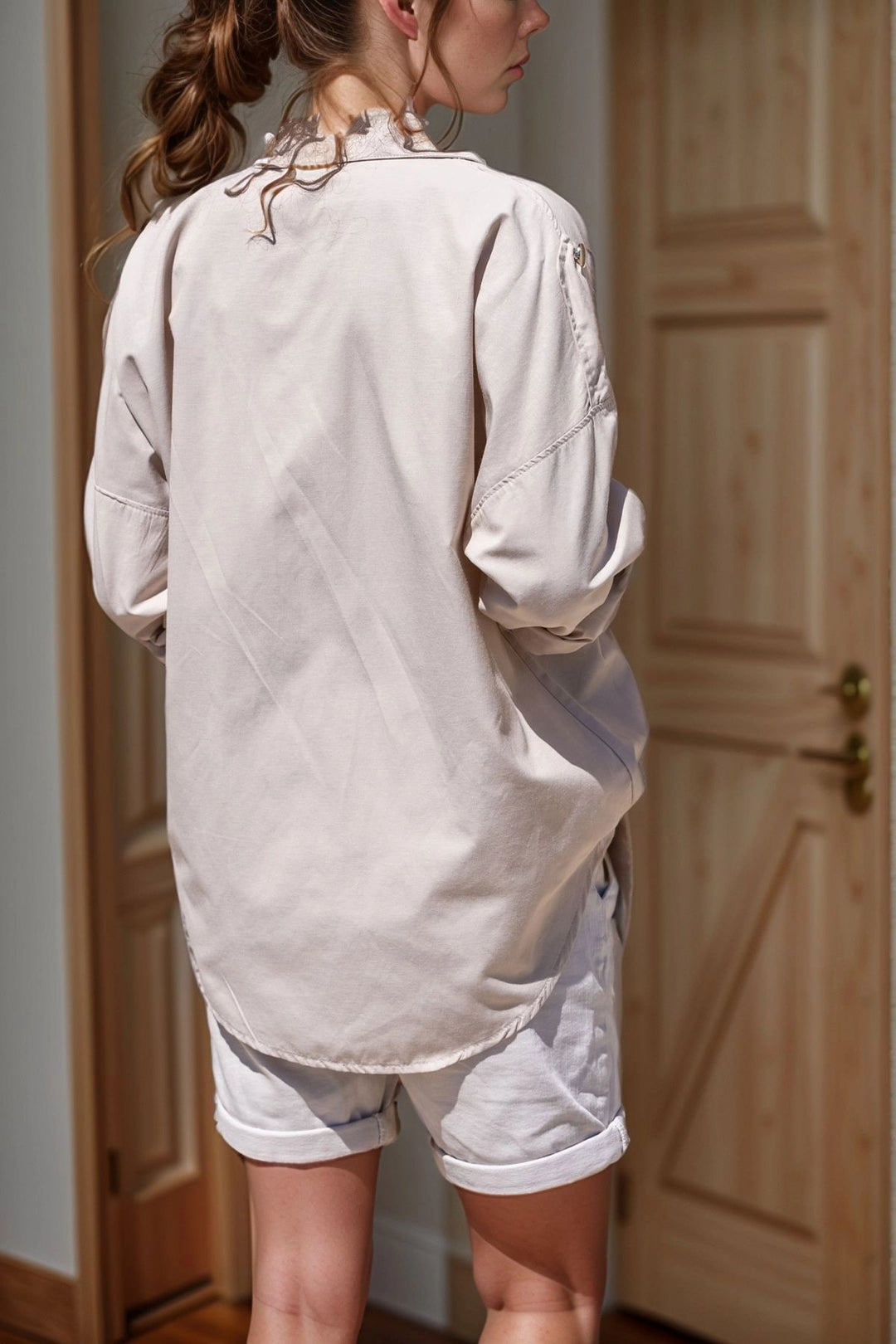 Beige Snap Button Detailed Epaulet Poplin Loose Shirt BCBSK-25700-3519 - Falkirk