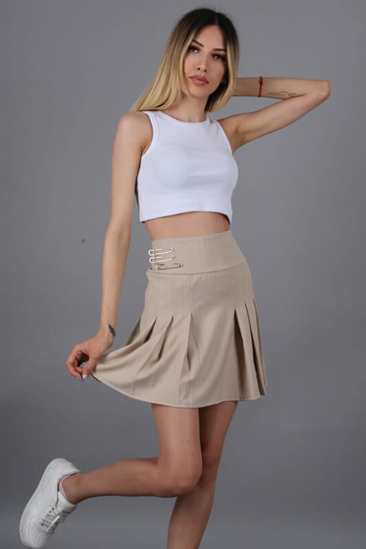 MDX Beige Striped Pleated Short Women's Skirt MG1451 - Sumy