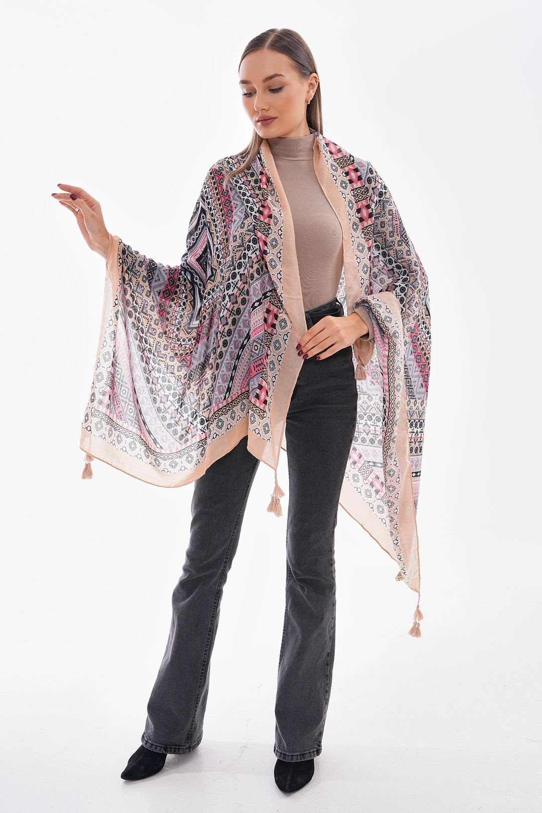 Beige Patterned Fringed Shawl BCNSV-2515239 - Sokhumi