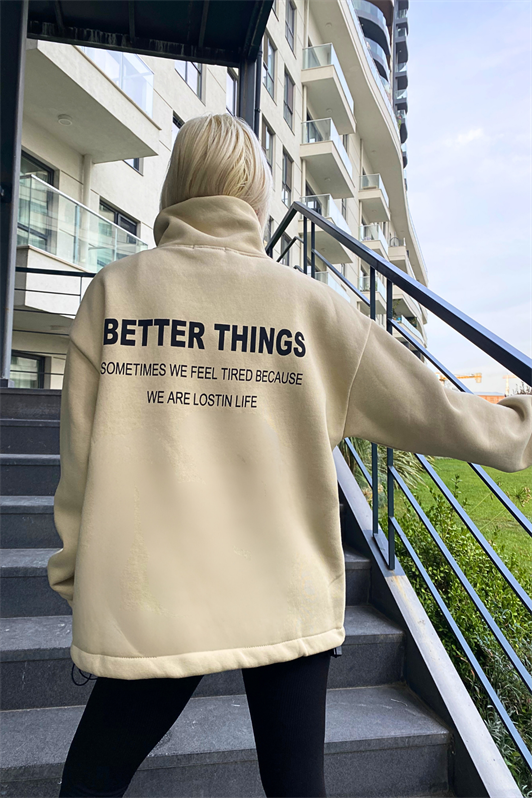 MDX Beige Round Neck Zippered Women's Sweatshirt MG1935 - Steinfurt