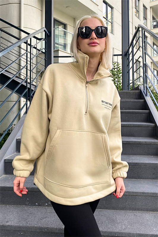 MDX Beige Round Neck Zippered Women's Sweatshirt MG1935 - Steinfurt