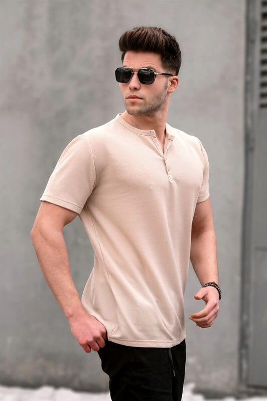 MDX Beige Buttoned Short Sleeve Basic Men's T-Shirt - Timmins