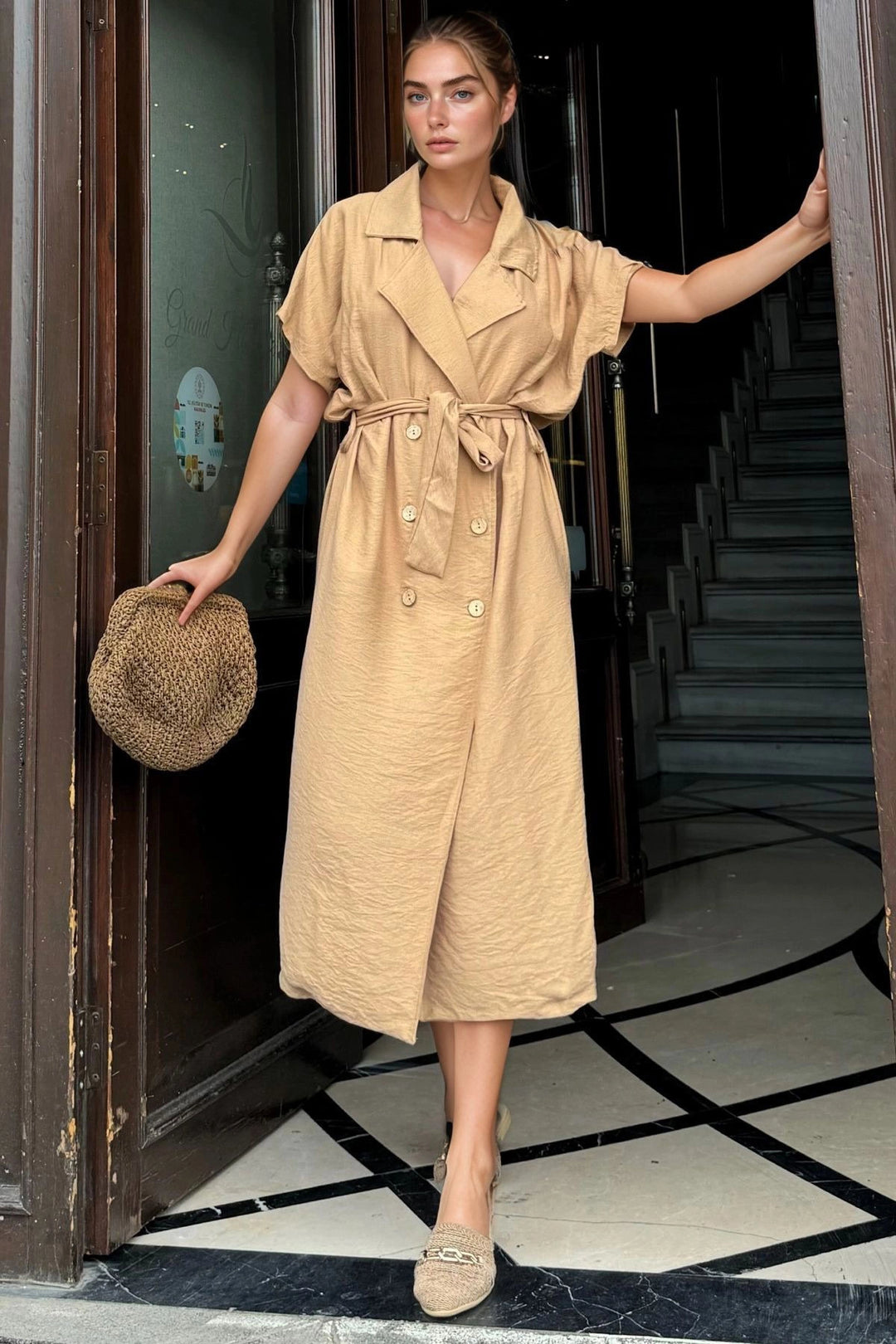 Beige Linen Jacket Collar Belted Loose Dress BCBSK-25700-3162 - Hattiesburg