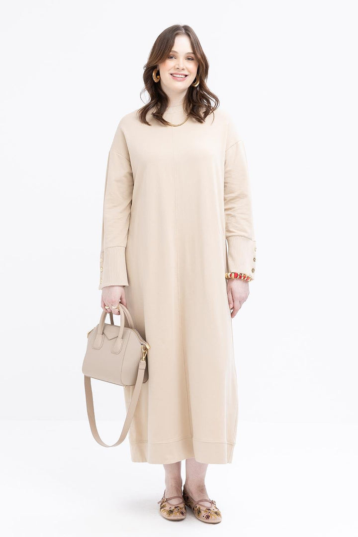 TLD Women Allday Beige Beige Front Page Thick Ribbed Button Detailed Lycra Plus Size Dress - Vaughan