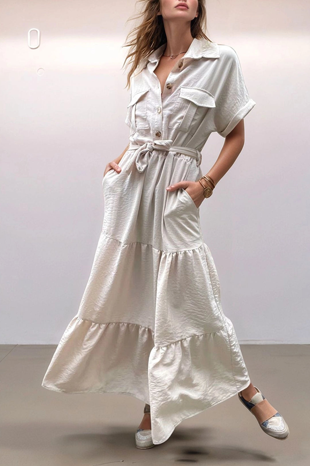 Beige Half Pleated Skirted Loose Dress with Belt BCBSK-25700-3336 - Germering