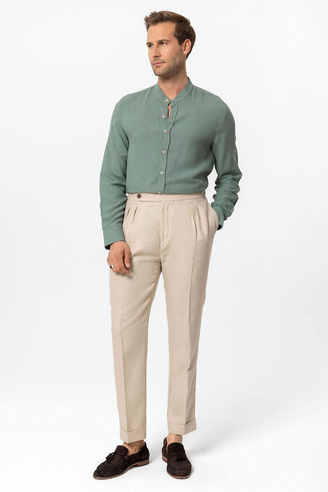ANT High Waist 100% Linen Pleated Men's Pants - Woodstock