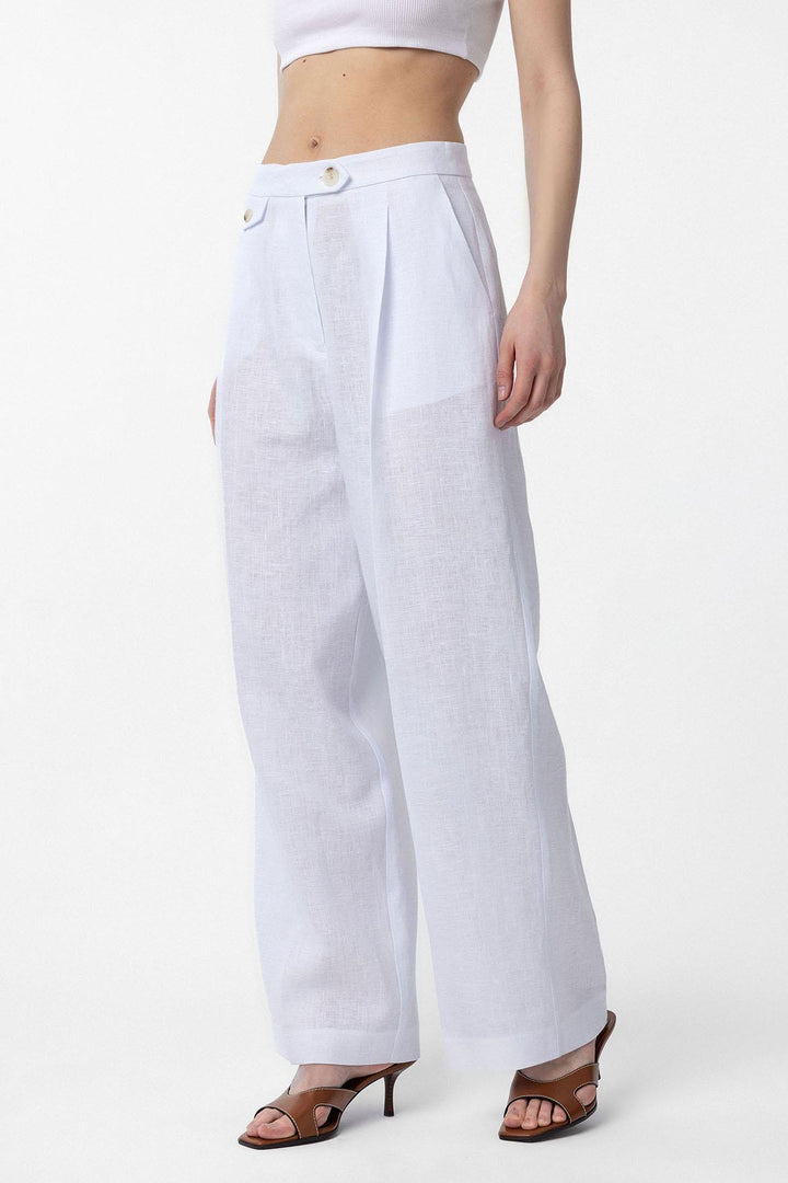 ANT Antioch White 100% Linen High Waisted Pleated Women's Pants - Bristol