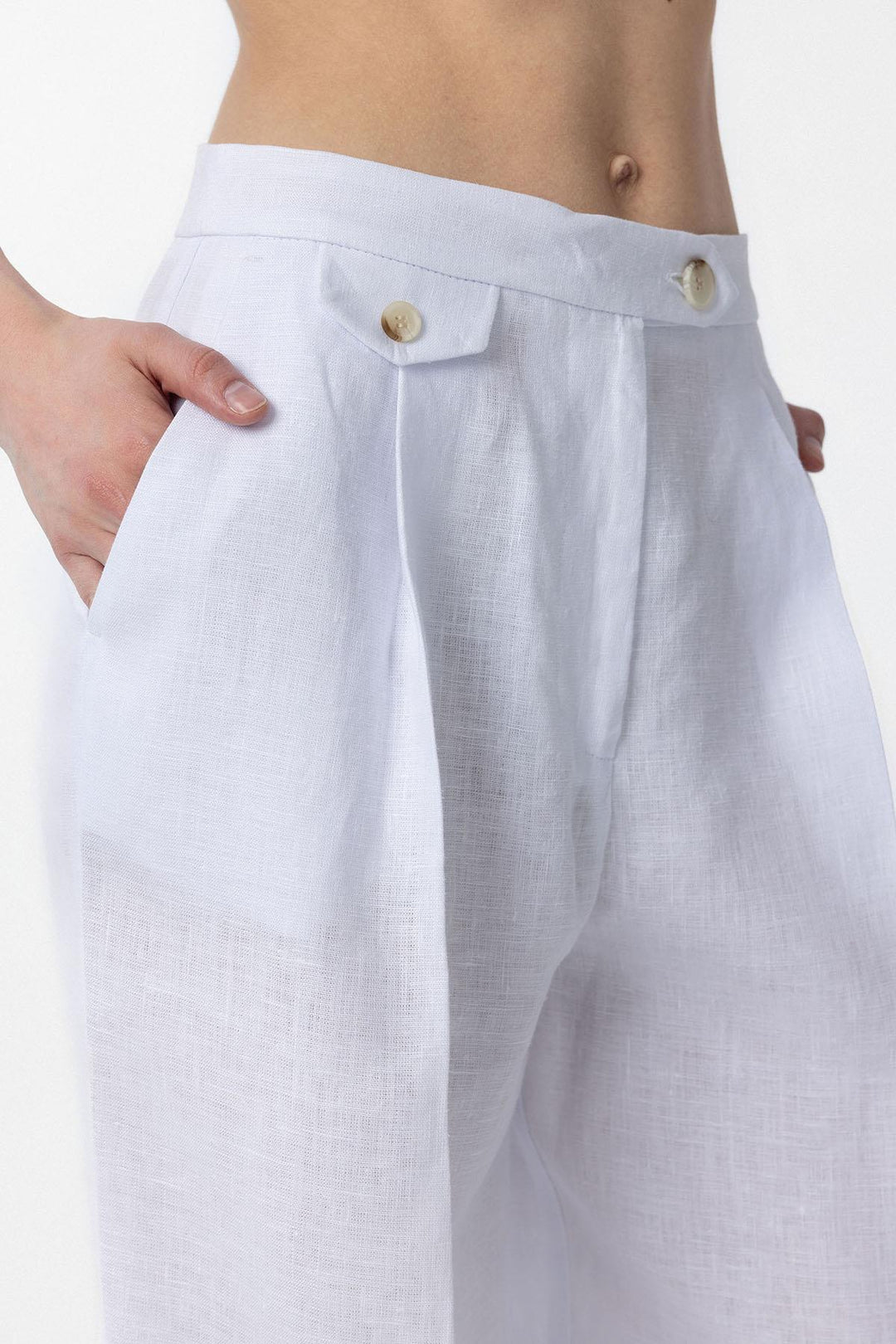 ANT Antioch White 100% Linen High Waisted Pleated Women's Pants - Bristol