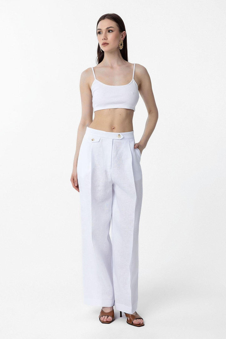 ANT Antioch White 100% Linen High Waisted Pleated Women's Pants - Bristol