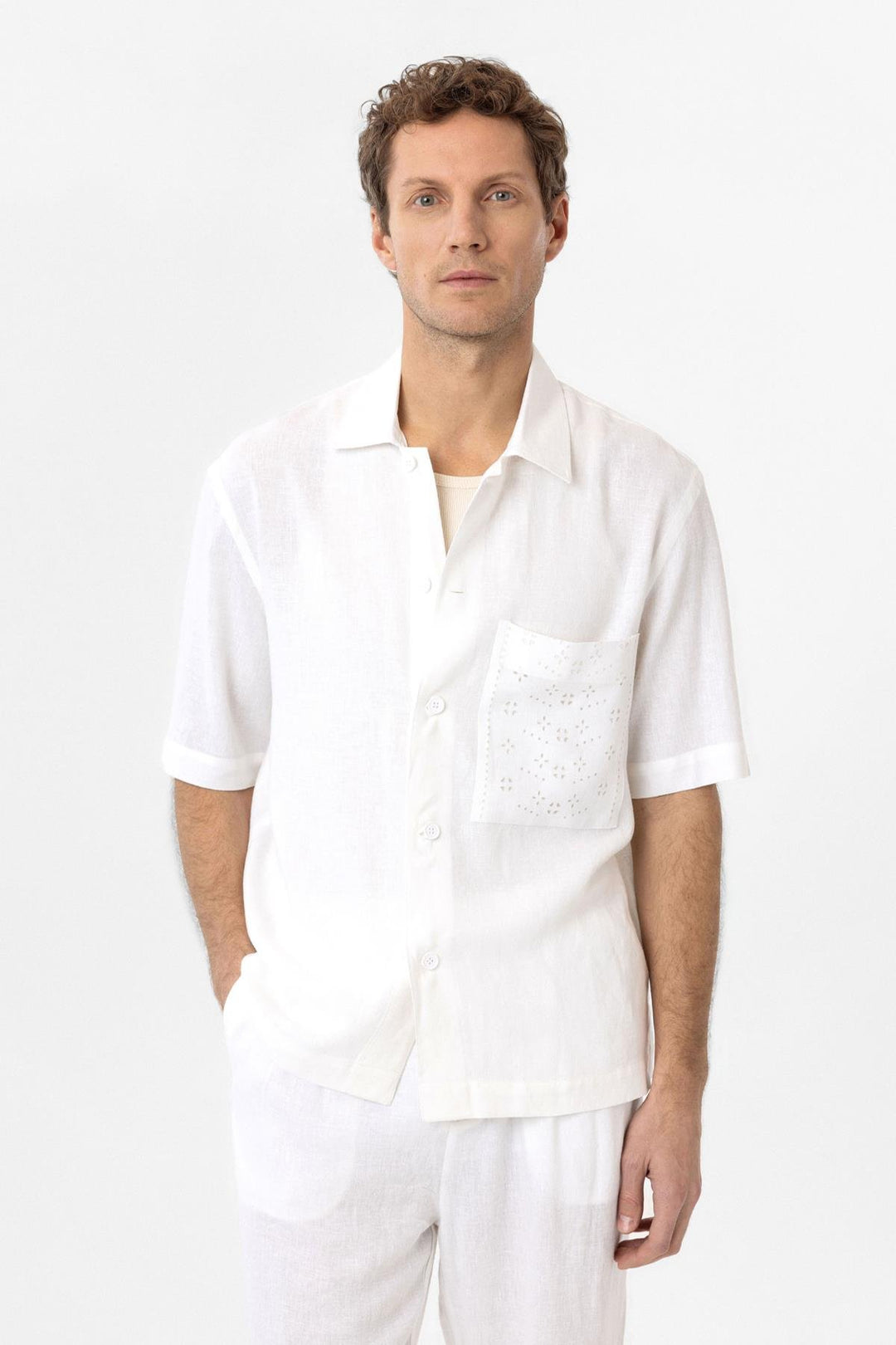 ANT Antioch White Linen Blend Short Sleeve Men's Shirt - Forlì