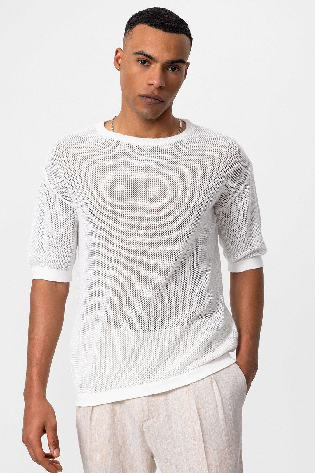 ANT Antioch White Oversize Openwork Men's T-Shirt - Central Islip
