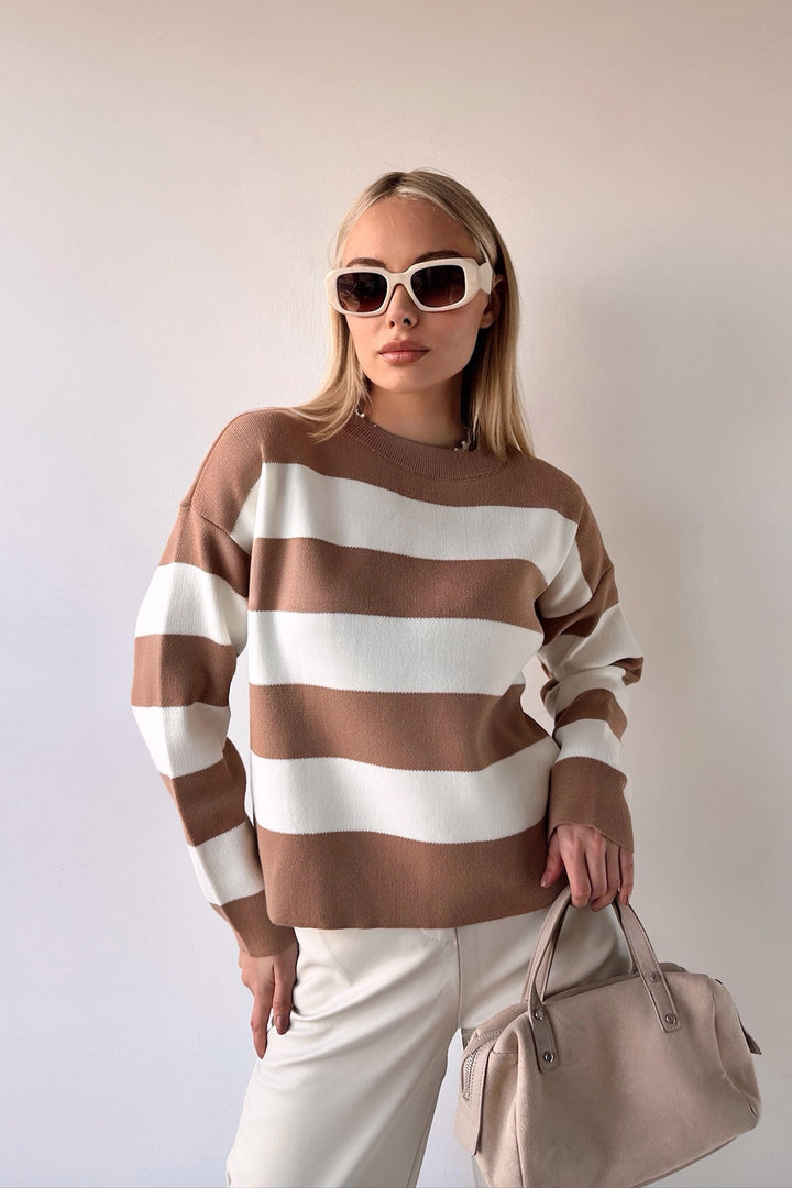 Biscuit Bicycle Neck Striped Soft Textured Basic Knit Sweater BC231035 - Edina