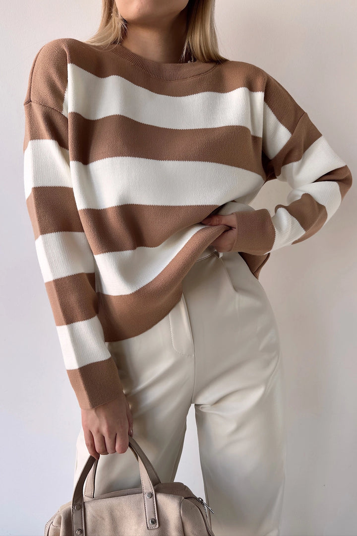 Biscuit Bicycle Neck Striped Soft Textured Basic Knit Sweater BC231035 - Edina