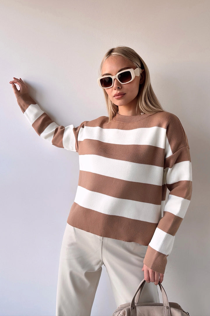 Biscuit Bicycle Neck Striped Soft Textured Basic Knit Sweater BC231035 - Edina