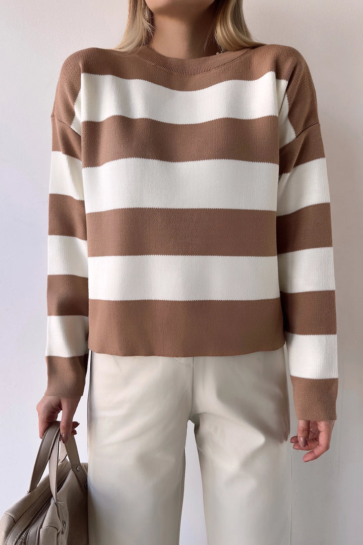 Biscuit Bicycle Neck Striped Soft Textured Basic Knit Sweater BC231035 - Edina