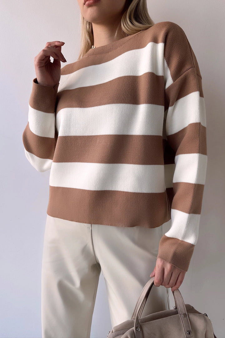 Biscuit Bicycle Neck Striped Soft Textured Basic Knit Sweater BC231035 - Edina