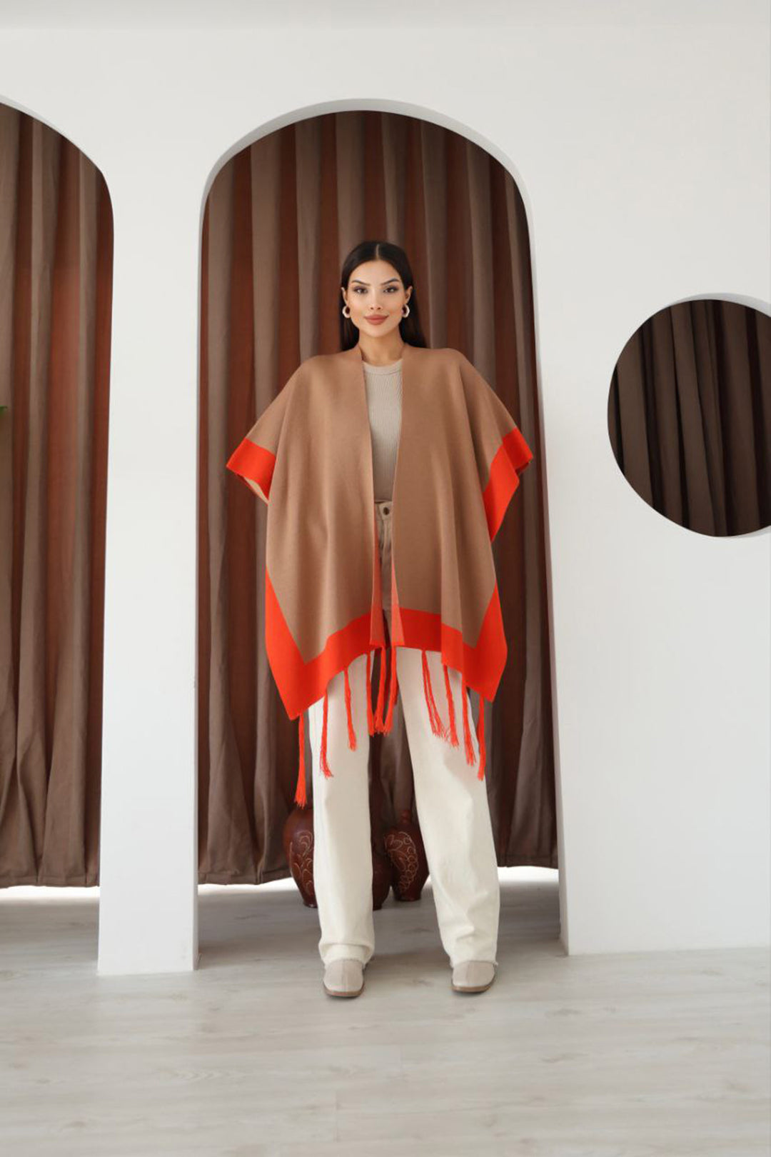 Biscuit Fringed Color Block Winter Knit Scarf BCES-253005 - Slidell