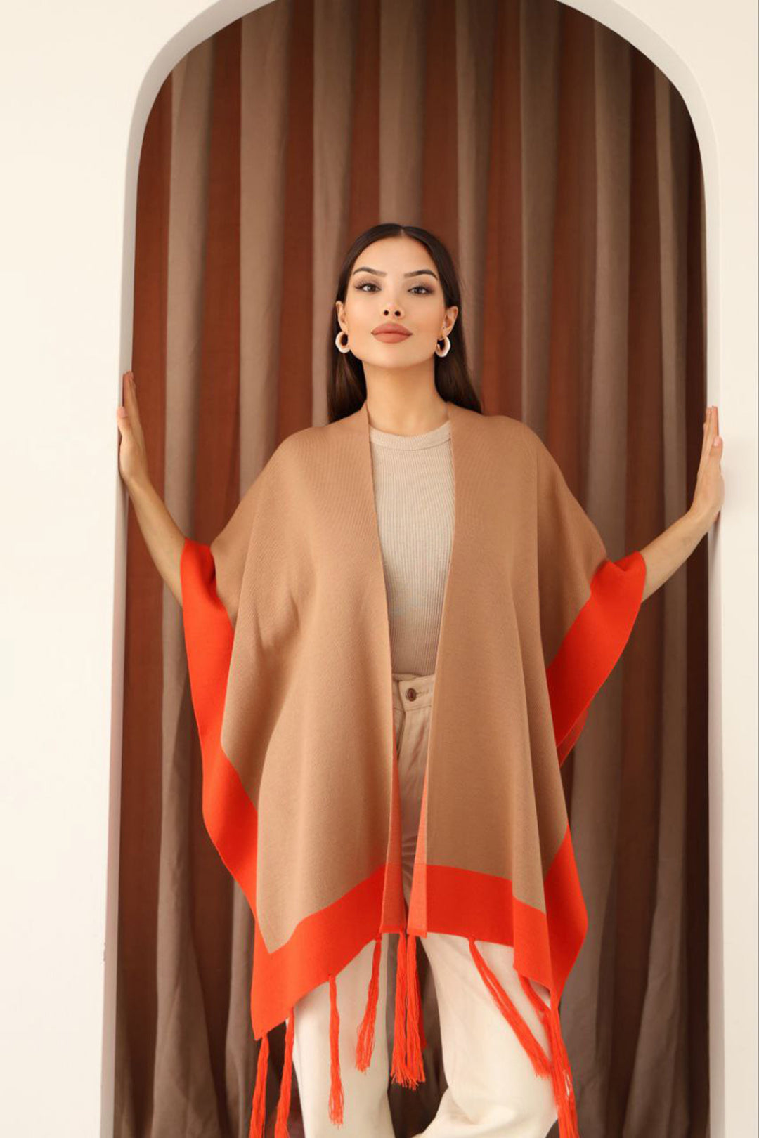 Biscuit Fringed Color Block Winter Knit Scarf BCES-253005 - Slidell