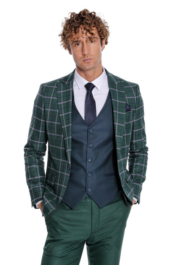 WSS Blue Vested Slim Fit Checked Green Men Suit  - Adelaide