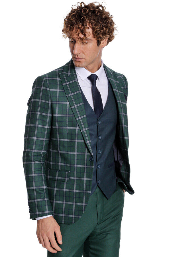 WSS Blue Vested Slim Fit Checked Green Men Suit  - Adelaide