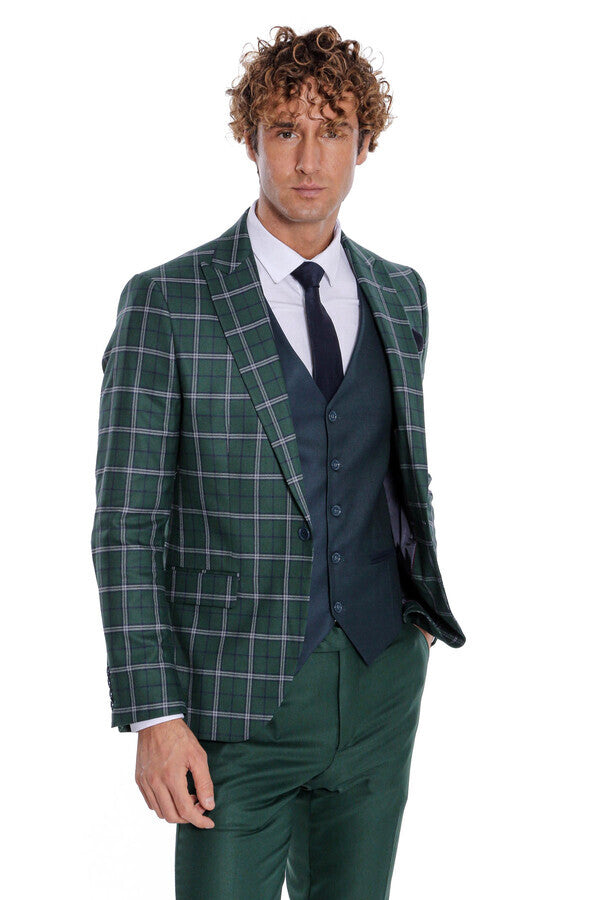 WSS Blue Vested Slim Fit Checked Green Men Suit  - Adelaide