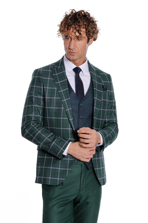 WSS Blue Vested Slim Fit Checked Green Men Suit  - Adelaide