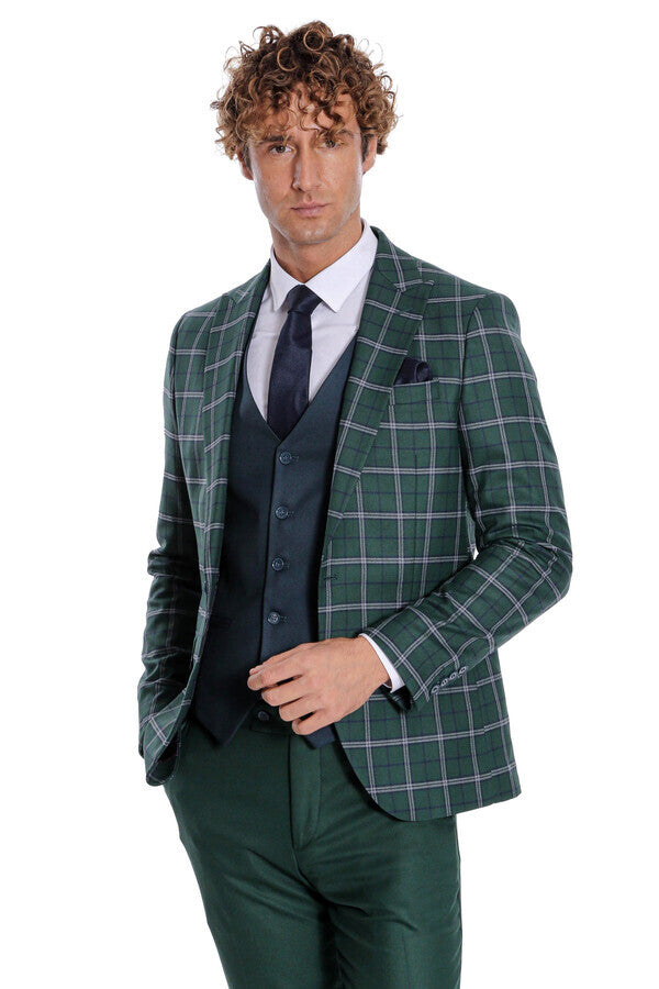 WSS Blue Vested Slim Fit Checked Green Men Suit  - Adelaide