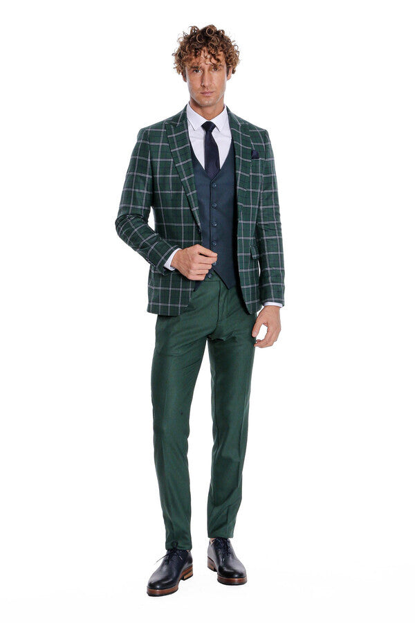 WSS Blue Vested Slim Fit Checked Green Men Suit  - Adelaide