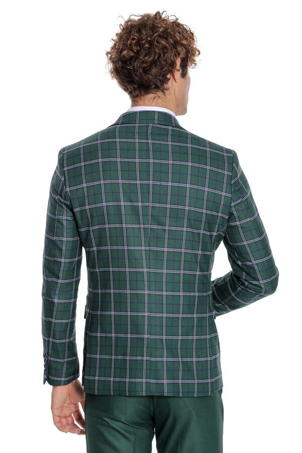 WSS Blue Vested Slim Fit Checked Green Men Suit  - Adelaide