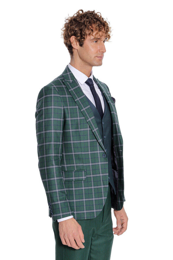 WSS Blue Vested Slim Fit Checked Green Men Suit  - Adelaide