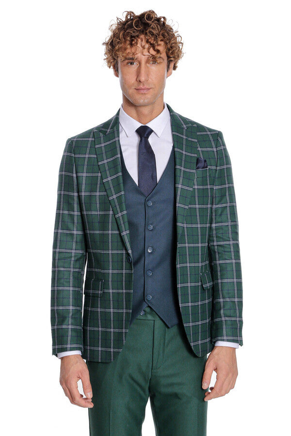 WSS Blue Vested Slim Fit Checked Green Men Suit  - Adelaide