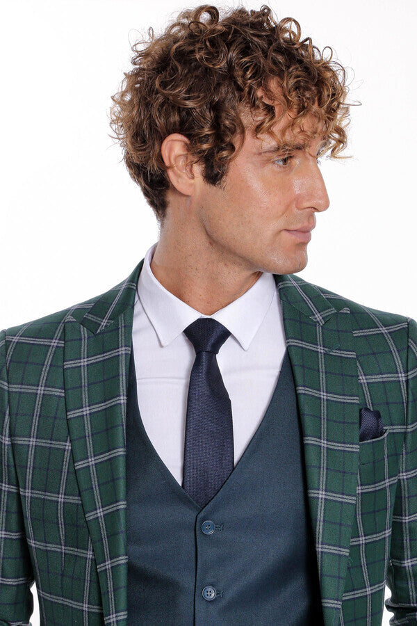 WSS Blue Vested Slim Fit Checked Green Men Suit  - Adelaide