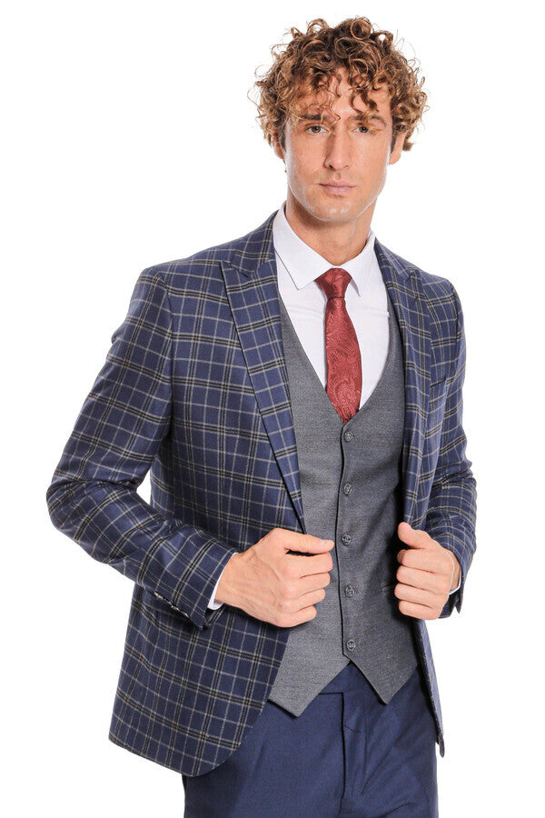 WSS Blue Vested Slim Fit Checked Navy Blue Men Suit  - Hesperia