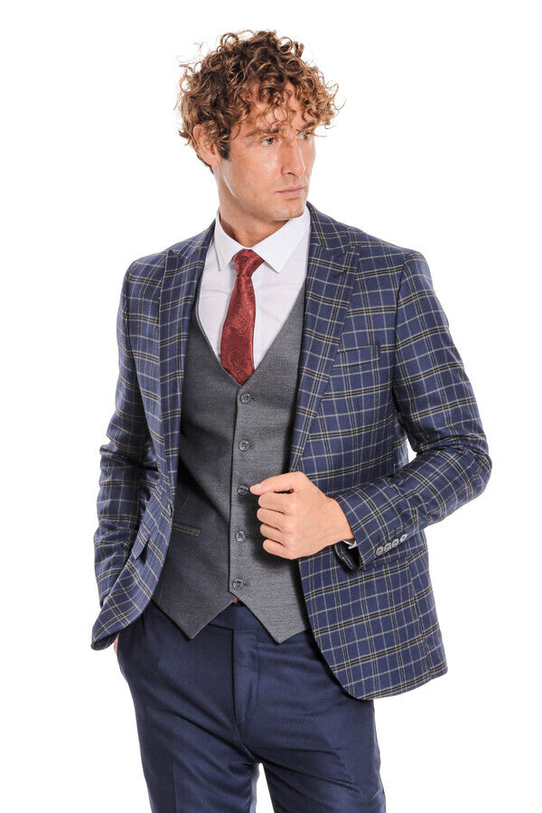 WSS Blue Vested Slim Fit Checked Navy Blue Men Suit  - Hesperia