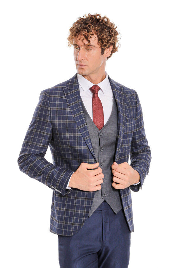 WSS Blue Vested Slim Fit Checked Navy Blue Men Suit  - Hesperia