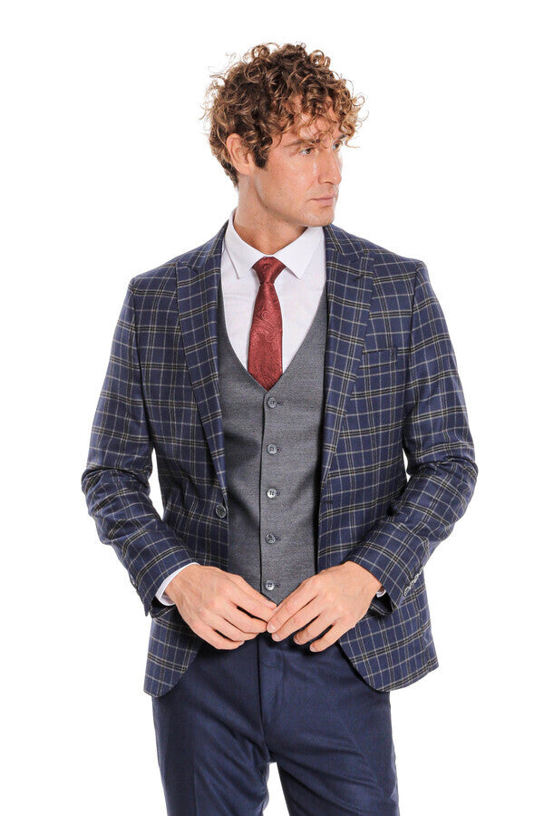 WSS Blue Vested Slim Fit Checked Navy Blue Men Suit  - Hesperia