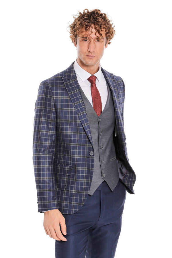 WSS Blue Vested Slim Fit Checked Navy Blue Men Suit  - Hesperia