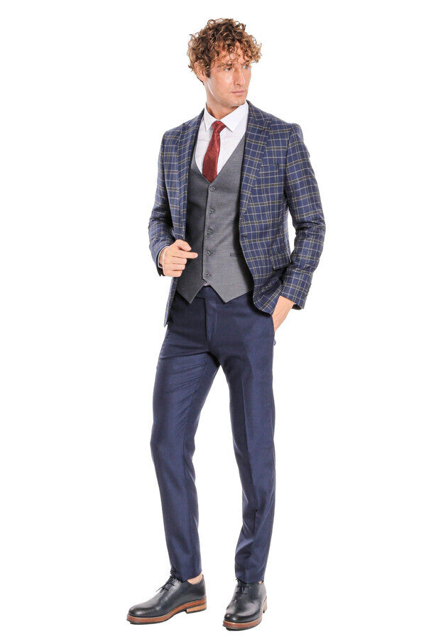 WSS Blue Vested Slim Fit Checked Navy Blue Men Suit  - Hesperia